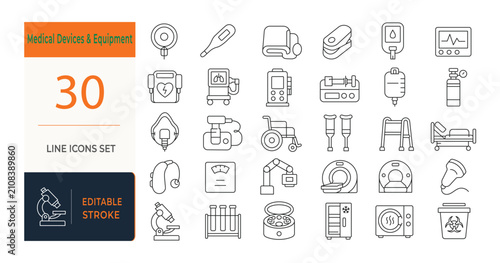 Bild auf Leinwand Medical Devices and Equipment Line Vector Icon Set, Editable Stroke Healthcare a