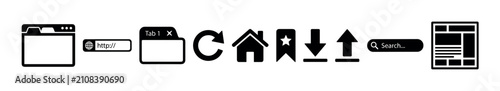 Various black internet browser interface icons are displayed, illustrating essential functions for web navigation, search, and data management.