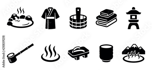 Japanese onsen traditional culture icons collection showcasing various elements like hot springs, yukata, wooden buckets, and stone lanterns.