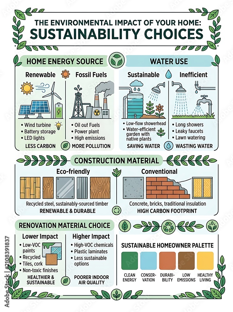Naklejka premium Infographic showing sustainable home energy and construction choices