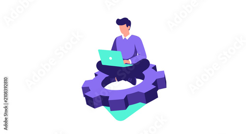 Businessman or Developer Sitting in Gear Working on Laptop, Concept of System Optimization, Technical Support, and Software Engineering Illustration
