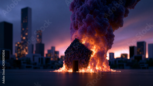 Small house on fire with a towering purple smoke column against a dark modern city skyline at night