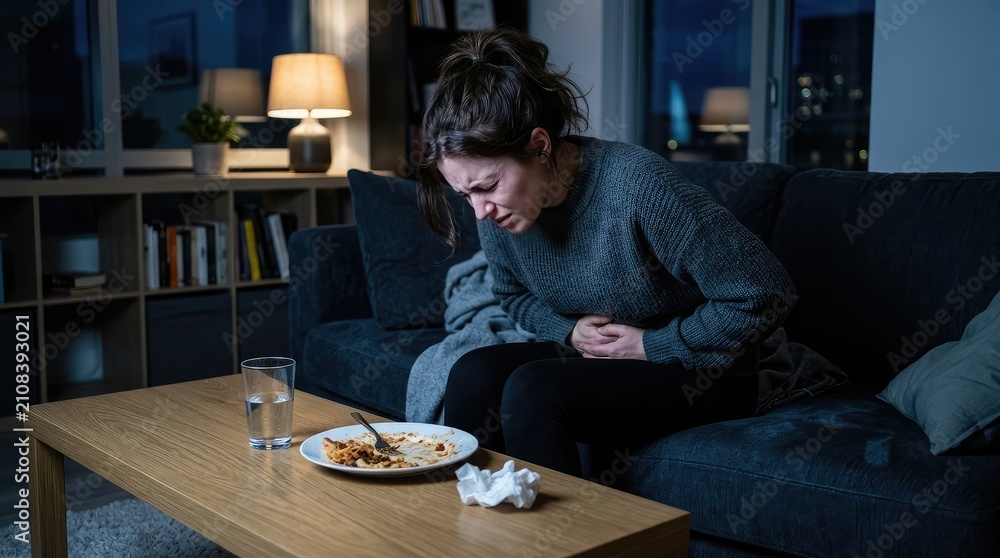 Fototapeta premium Depressed woman sitting alone on couch at night suffering from severe headache and stress