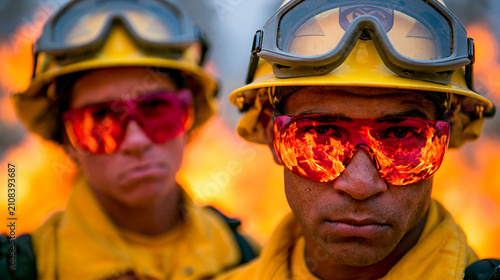 Two wildland firefighters in yellow helmets with flames reflected in their goggles during a raging forest fire