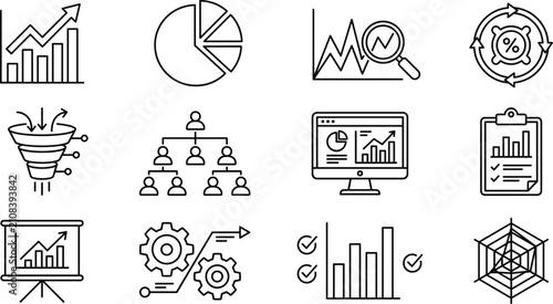 Business data analytics financial growth and strategic planning line icon set with marketing performance metrics