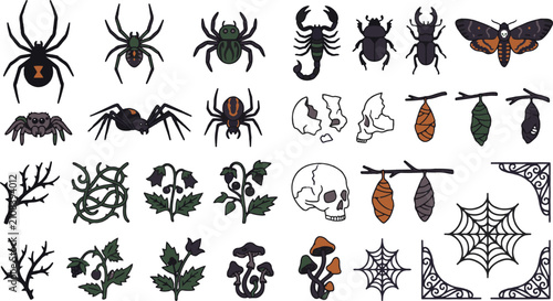 Foto Spooky Halloween creepers set with spiders scorpion moth skull and spider web ve