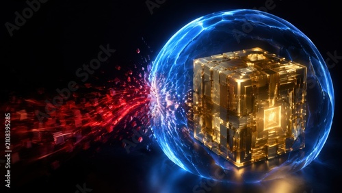 Golden Cube Protected By Blue Sphere Deflecting Red Data Attack