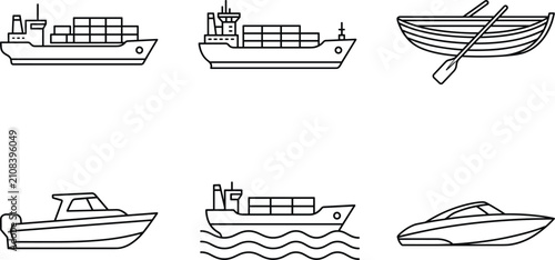 Foto Maritime shipping and water transport line icons set featuring cargo ship motorb