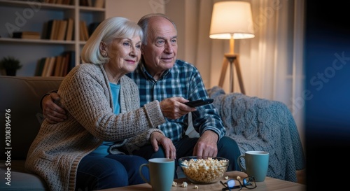 An elderly couple sitting on a couch, watching TV together.