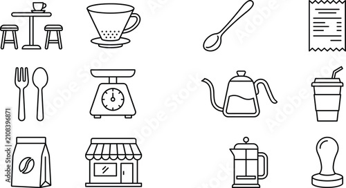 Schilderij op canvas Coffee shop cafeteria and specialty brewing line icon set with barista equipment