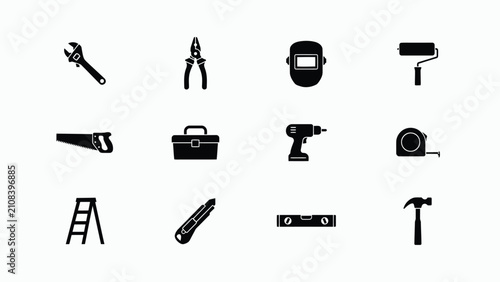 Minimalist black and white flat icon set of classic hand tools for diy with ideal crafting visuals related home improvement maintenance silhouettes against neutral