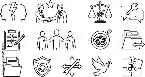 Tableau sur toile Conflict resolution mediation and legal settlement line icon set with negotiatio