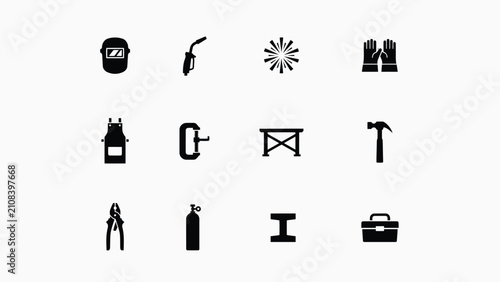 Minimalist black and white construction tools icon set against plain background with high contrast collection twelve distinct construction related icons arranged grid