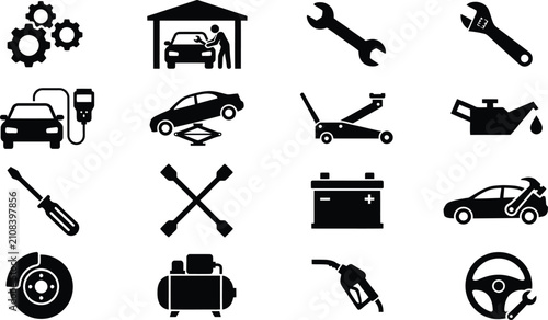 Collection of black and white car repair and maintenance icons with transparent background