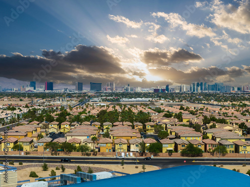 Aerial shot of hotels, homes and office buildings in the skyline in Las Vegas Nevada USA