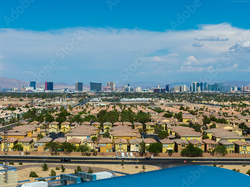 Photography Aerial shot of hotels, homes and office buildings in the skyline in Las Vegas Ne