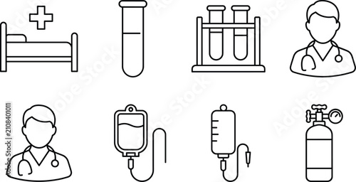 Healthcare and medical line icon set with doctor hospital bed iv bag oxygen tank and test tubes