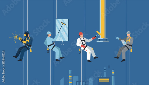 Group of industrial workers wearing safety harnesses while performing various maintenance tasks on the exterior of a building.