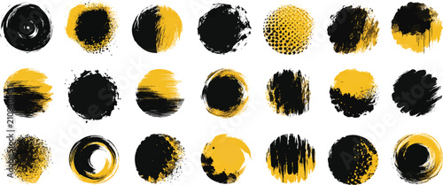 Grunge rolled ink circle stamp textures set handmade with brayer. Letterpress vintage rough round frames, backgrounds, borders. Detailed textured vector illustration isolated on yellow background