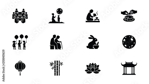 Black and white cultural icon set with collection highlighting communal cooking celebrations cultural showcases minimalist black cultural symbols lanterns