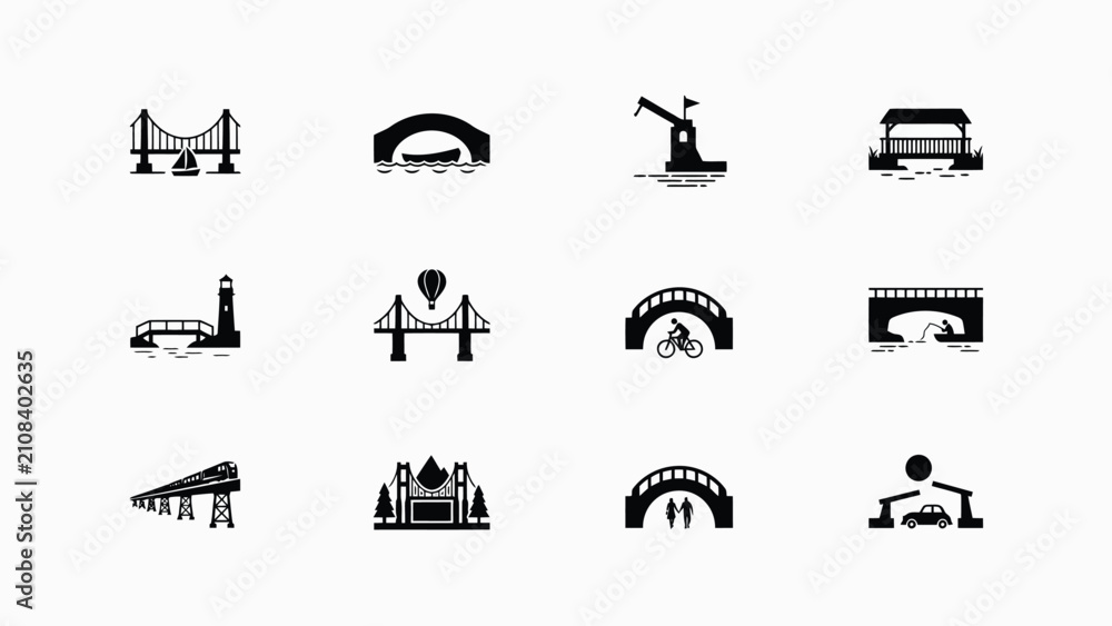 Naklejka premium Twelve minimalist silhouette icons of urban landmarks with vehicles waterfront structures showcases twelve sleek black white silhouette icons