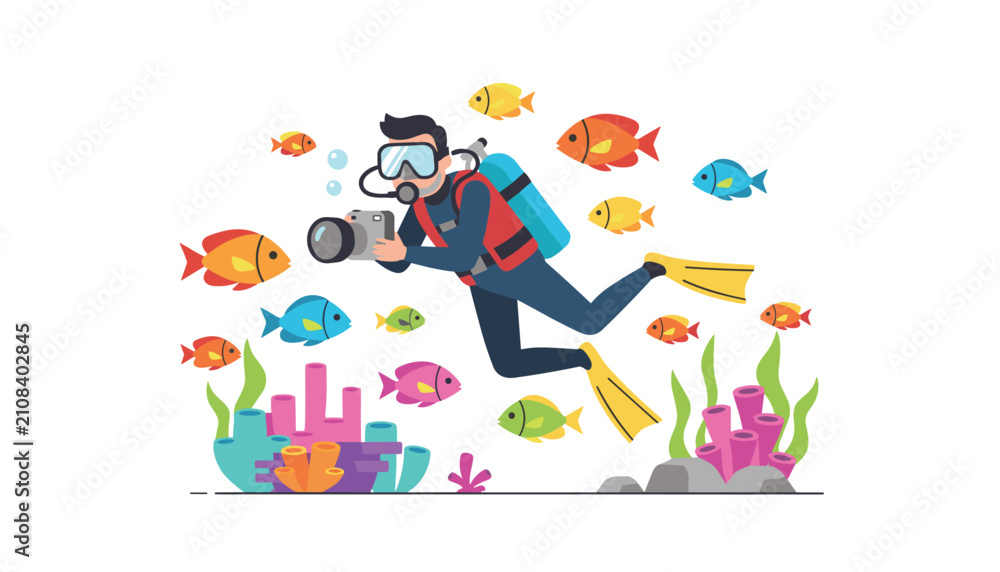 Fototapeta premium Scuba diver swimming underwater and taking photos of small colorful fish swimming past vibrant tropical coral reef formations.