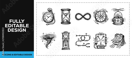Black ink scribble hand drawn time management and clock history icon set bundle featuring hand drawn doodle sketch vector illustrations for business productivity branding design.
