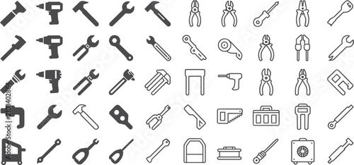 Fotografía Collection of Hand Tool Icons in Silhouette and Outline