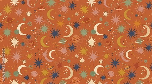 Seamless pattern with cute stars and moons on a red background