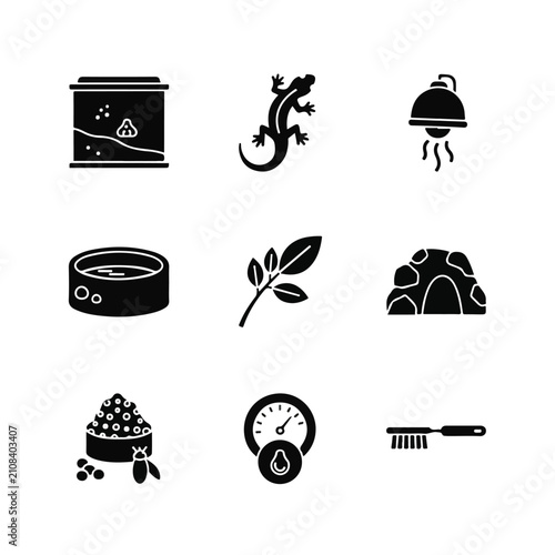 Black icons of various everyday objects.