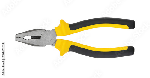 Cuadro en lienzo Professional combination pliers with yellow and black ergonomic handles on white