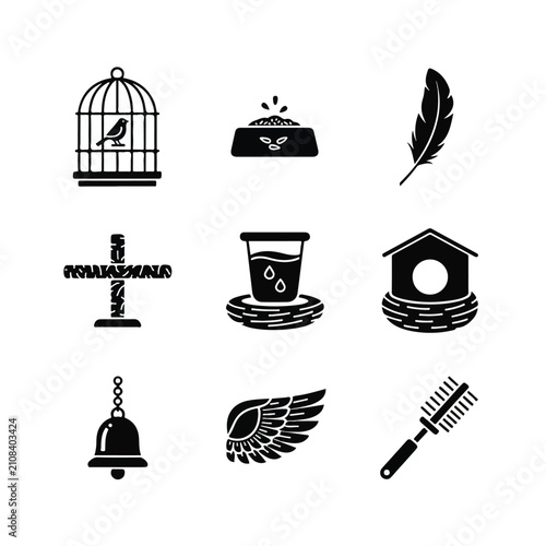 Black icons of various objects.