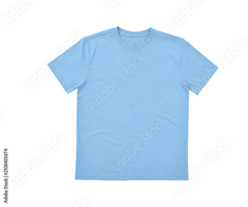 Fotografie Plain light blue t-shirt with short sleeves and crew neck, isolated on white