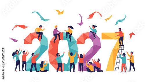 Team Building for the Future: A diverse group of people collaborate and connect, assembling the digits of a new year, symbolizing unity and collective effort towards shared goals.