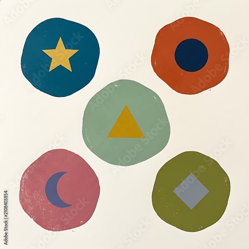 Set of colorful hand drawn shapes with geometric icons and symbols