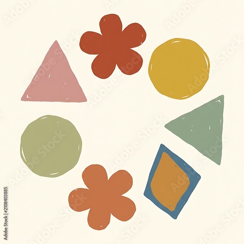 Colorful hand drawn geometric shapes and flowers arranged in a circle