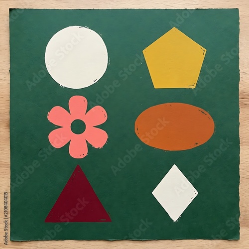 Colorful geometric shapes arranged on a dark green background