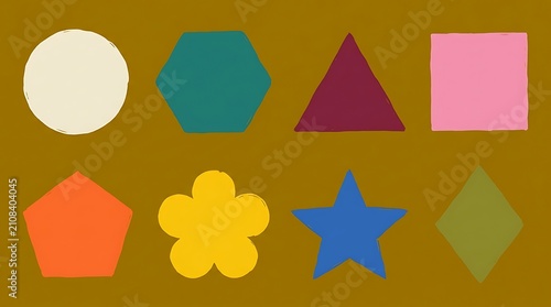 Set of colorful geometric shapes on a dark yellow background