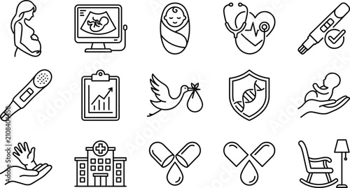 Fotografía Pregnancy maternal healthcare and newborn infant line icon set with fertility te