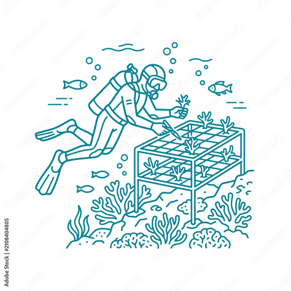 Fototapeta premium A detailed clean minimalist vector line art icon of a scuba diver scientist planting coral fragments on a underwater nursery restoration frame grid