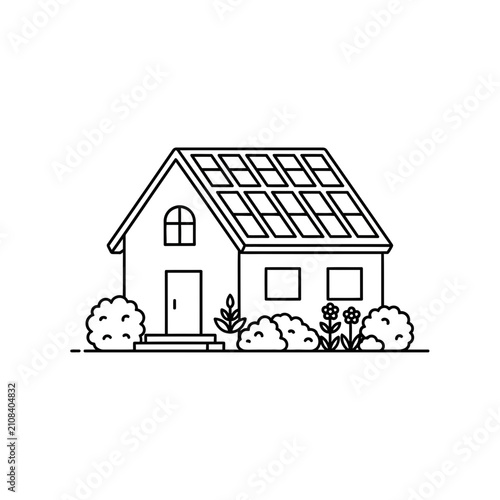 Minimalist linear vector illustration of a sustainable modern suburban residence featuring roof integrated solar panels and small garden landscaping