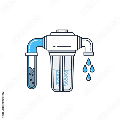 A clean vector minimalist illustration of a home water filtration system featuring a purifying cartridge and fresh droplets of clean flowing water