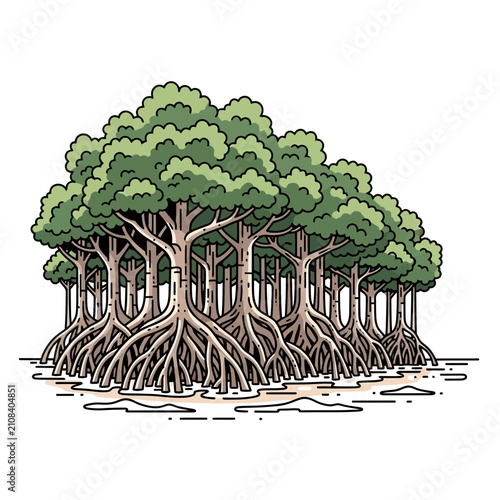Vector illustration of a lush mangrove forest with complex prop roots growing in a coastal wetland environment for nature and ecology concepts