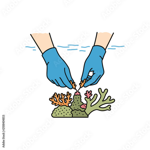 Environmental conservation illustration featuring gloved hands carefully planting coral fragments to restore a damaged marine reef ecosystem underwater