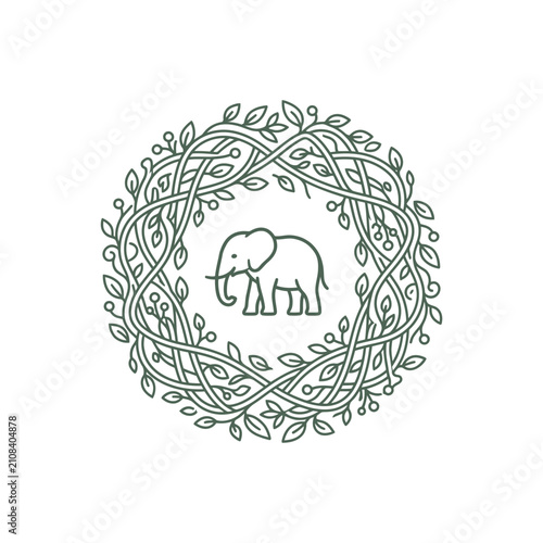 Delicate green line art vector illustration of an elephant enclosed in a circular botanical wreath of leaves and branches on a white background