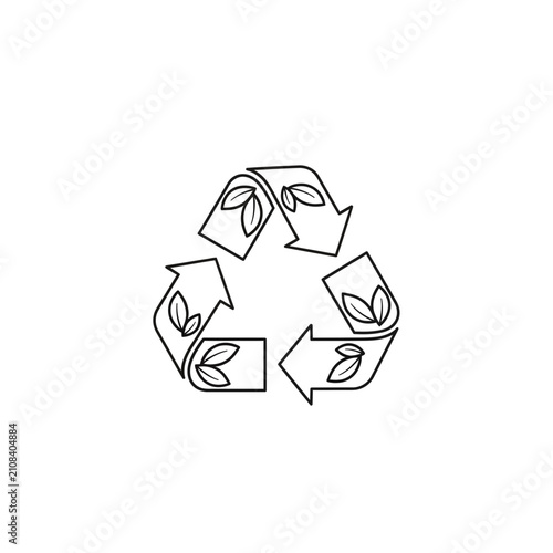 Minimalist delicate vector icon of a recycling symbol with green leaves representing sustainable ecology environmental protection and waste management