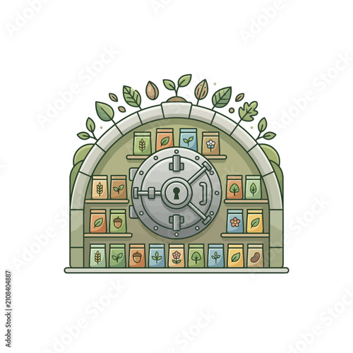Colorful vector illustration of a secure seed vault with a heavy metal door and shelves of botanical seed packets under a growing plant arch