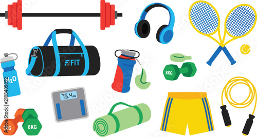 Foto Fitness equipment collection, gym workout vector illustrations, sports training