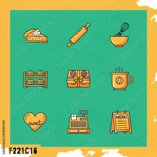 Colorful bakery icons on green background.
