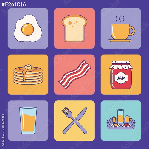 Colorful breakfast food icons set.